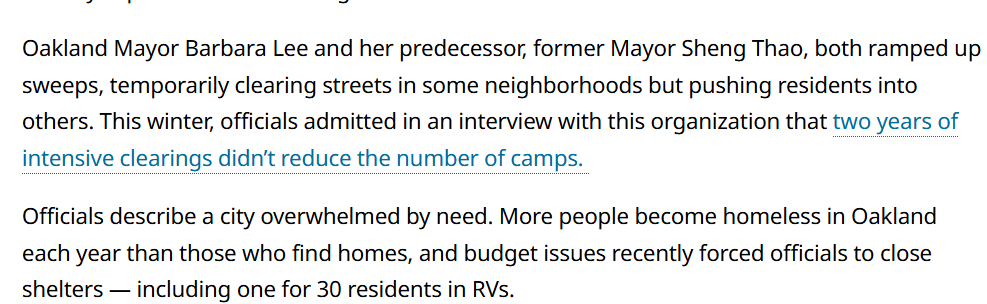 I will never understand why this isn't the lede in these stories. East Oakland saw biblical sweeps in the last two years, only to watch homeless migrate to the San Leandro Blvd  corridor and around BART, where encampments are at their densest in years mercurynews.com/2026/05/05/bay…
