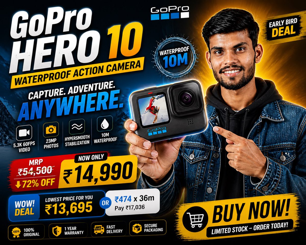 bugutech's tweet photo. GoPro Hero 10 @ ₹14,990 😱🔥
72% OFF deal live 🚀
Action camera lovers ke liye BEST time 💯

https://t.co/0AVNsxTJBA

👉 Waterproof 10M
👉 5.3K Video
👉 Crazy Stabilization

#GoPro #AmazonDeals #TechDeals #LootDeals https://t.co/3ro8uOiBWC