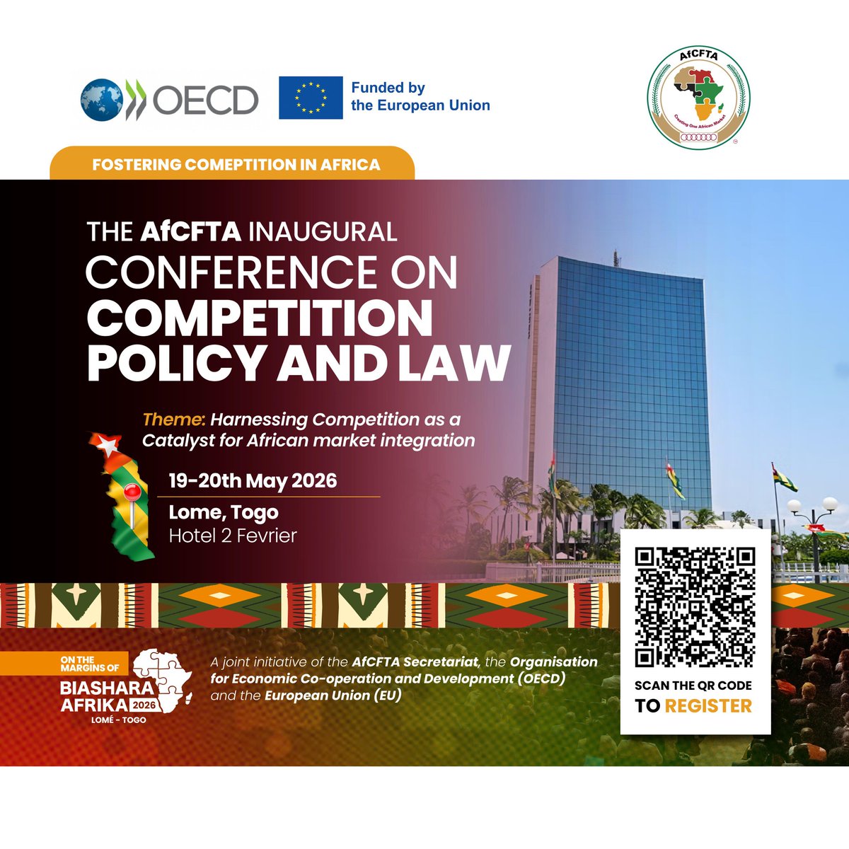The AfCFTA Secretariat, in partnership with the Organisation for Economic Co-operation and Development and the European Union, will convene the AfCFTA Inaugural Conference on Competition Policy and Law on the margins of Biashara Afrika 2026 in Lomé, Togo.
Under the theme