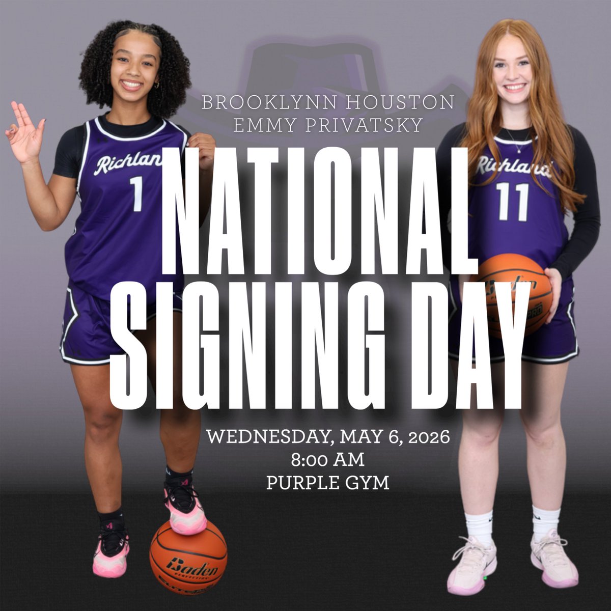 Raiders_GBB's tweet photo. Come join us tomorrow morning to honor and celebrate two of our seniors! Brooklynn and Emmy will be signing on to continue their basketball careers at their new programs!

Wednesday, May 6, 2026, 8AM in the Purple Gym!
#Legacy #WeAreRichland https://t.co/z6sEQxAXgZ