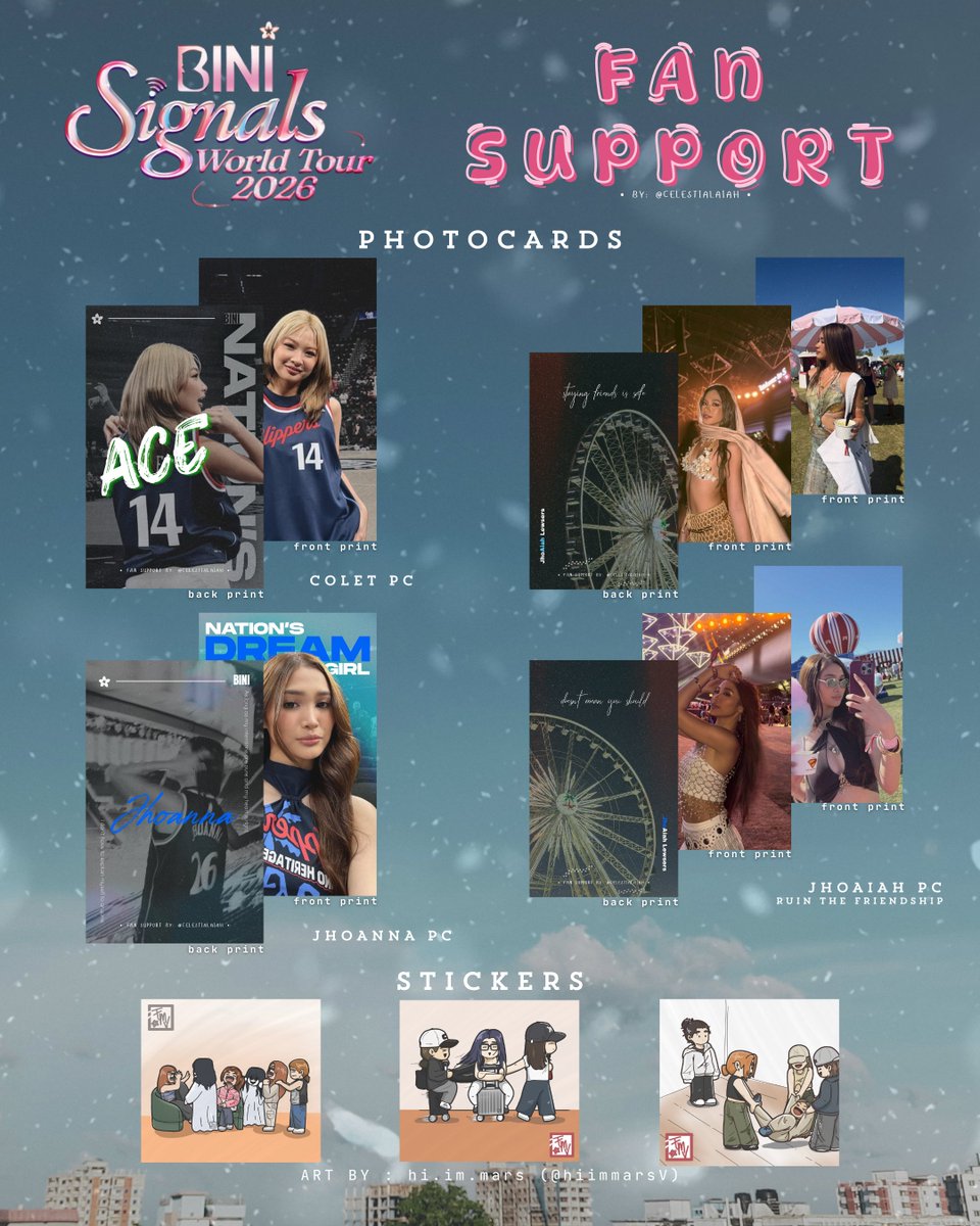 CelestialAiah's tweet photo. 🌸#BINI Signals Concert Fan Support🌸
🌸June 20 & 21, 2026 | SM MOA Arena🌸
🌸By: @CelestialAiah | Will be distributed by: @rnbwxmikha🌸

🌸Jhoaiah PC🌸
🌸Colet PC🌸
🌸Jhoanna PC🌸
🌸BINI Stickers🌸

Reminder:
⭕️Very limited qty. Strictly 1:1 ratio. This is a random pull.
⭕️LIKE, and RT this post.
⭕️Open for donations / sponsors. (Send DM🥺) ; D-day trades only.
⭕️Time and Location: TBA

#BINI_SIGNALS_WORLDTOUR_2026 #BINI_SIGNALS_TOUR
