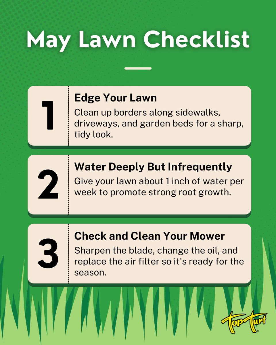 TopTurf's tweet image. 🌿 May lawn season is HERE! Edge, water, and tune up that mower — your yard will thank you. ✅ #LawnCare #TopTurf