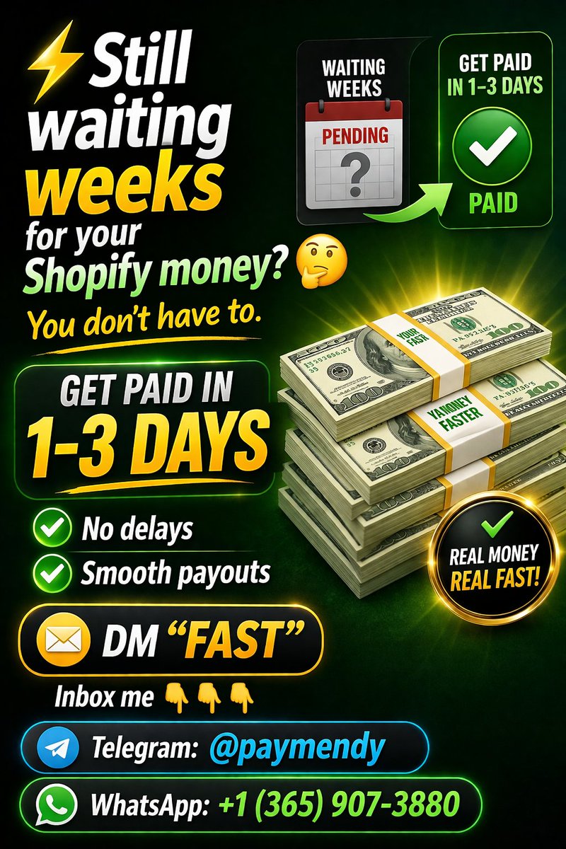 BIGIDYNO's tweet image. ⚡ Still waiting weeks for Shopify payouts?
That’s not normal.
💰 Get your money in 1–3 days
Fix the setup. Fix the flow.
DM “FAST”
📥 Inbox me 👇👇👇
Telegram: @paymendy
WhatsApp: +1 (365) 907-3880
#Shopify #Ecommerce #CashFlow