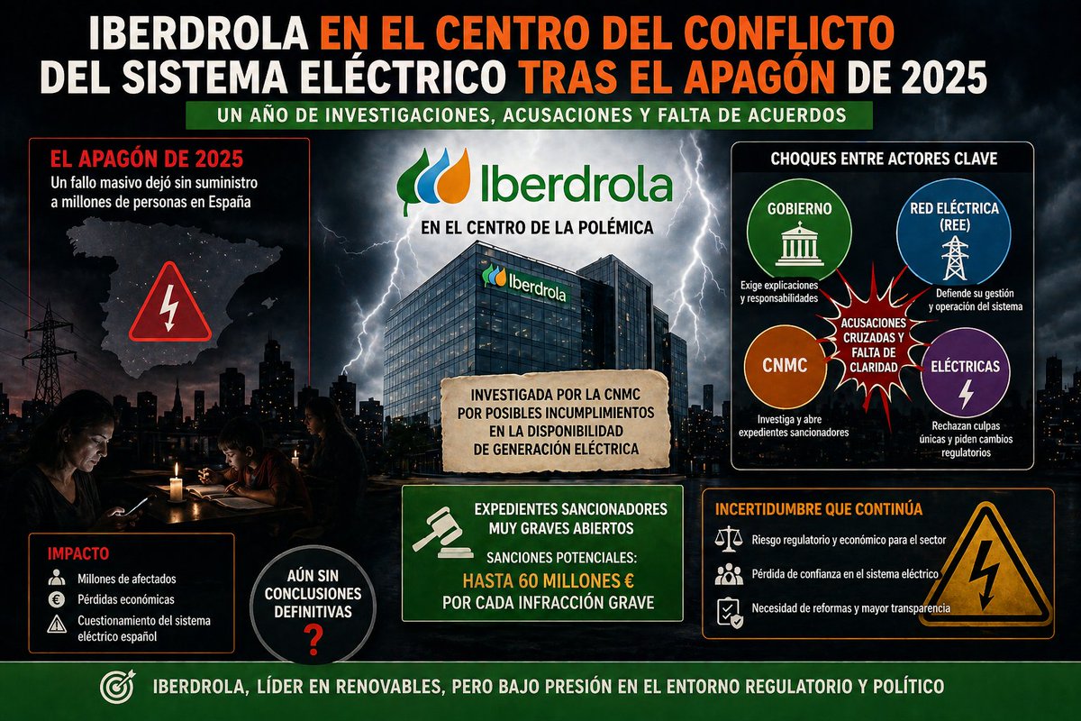 LocodlDividendo's tweet photo. Un año después del gran apagón en España, Iberdrola $IBE sigue en el centro de tensiones con el Gobierno, reguladores y otras empresas del sector. Las investigaciones han generado un entorno de acusaciones cruzadas y falta de claridad sobre responsabilidades, lo que mantiene la incertidumbre regulatoria en el sector eléctrico.
