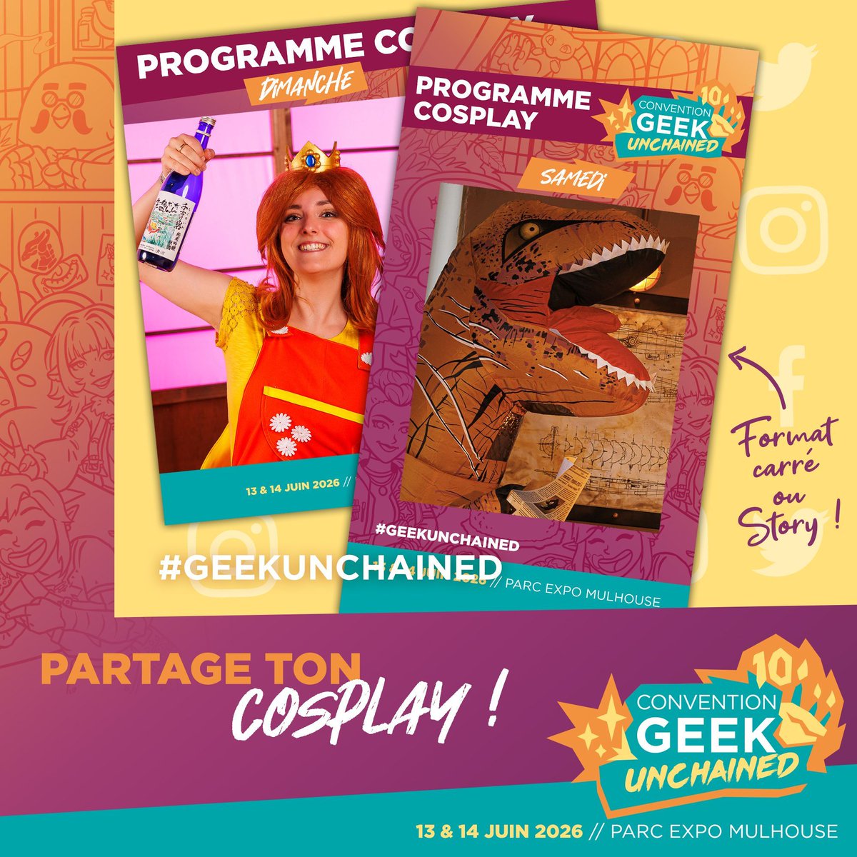 [COSPLAY] Partage ton cosplay ! 📜

Vous êtes déjà quelques-uns à avoir partagé vos projets cosplay pour notre 10ème convention Geek Unchained, qui se déroulera les 13 &amp; 14 juin au Parc Expo de Mulhouse !

Les visuels sont à votre disposition pour nous présenter votre programme