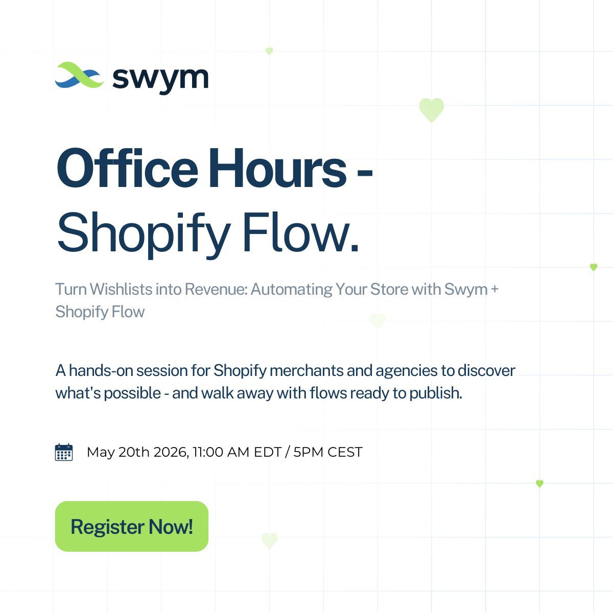 getswym's tweet photo. Your shoppers add things to their wishlist. Then… nothing.

That's a missed conversion.

Join Swym Office Hours and learn how to turn wishlist signals into automated Shopify flows - price drop alerts, low stock nudges, abandoned wishlist sequences, and more.

Register here → https://t.co/axkLW8RO6e 

#Shopify #ecommerce #ShopifyFlow #retention