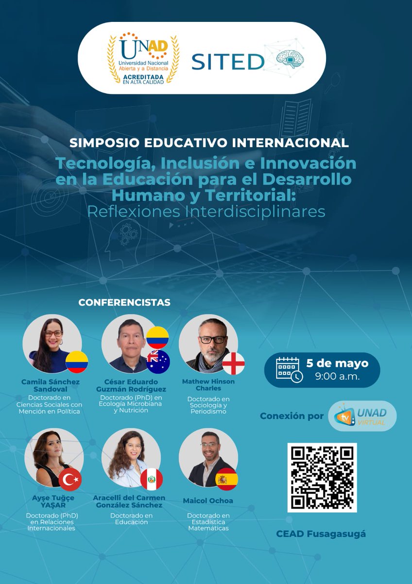 LoreSISSUFusa's tweet photo. Buen día, saludo especial Equipo UNAD.
Llegó el momento de nuestro Simposio Educativo Tecnología, Inclusión e Innovación en la Educación para el Desarrollo Humano y Territorial.
Martes 5 de Mayo, 9:15 AM - 4:30 pm
Conexión YouTube: https://t.co/7mAn2RKMju
#UNAD #VIEM #ECEDU https://t.co/V14hoKpWJt