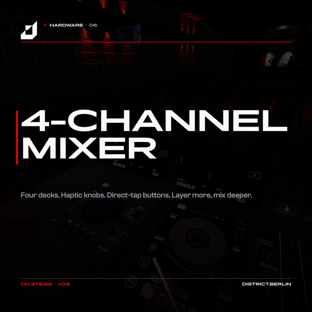 thedistrictvr's tweet image. 4-channel mixer. Four decks. Haptic knobs. Direct-tap buttons.

DISTRICT VR v0.5 — Fri May 8 on Steam.

#DISTRICTVR #VR #DJ