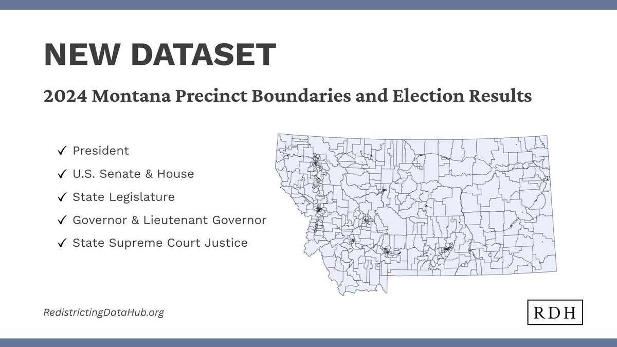 redistdatahub's tweet photo. 🦬Our #Montana 2024 General Election Precinct-Level Results and Boundaries shapefile is now available! Includes results for:
▪️President
▪️US House & Senate
▪️State Legislature
▪️Governor & Lt Governor
▪️State Supreme Court
⬇️Download now: https://t.co/Krrm2AJxD7
#ElectionData https://t.co/iEUiq3H2rW