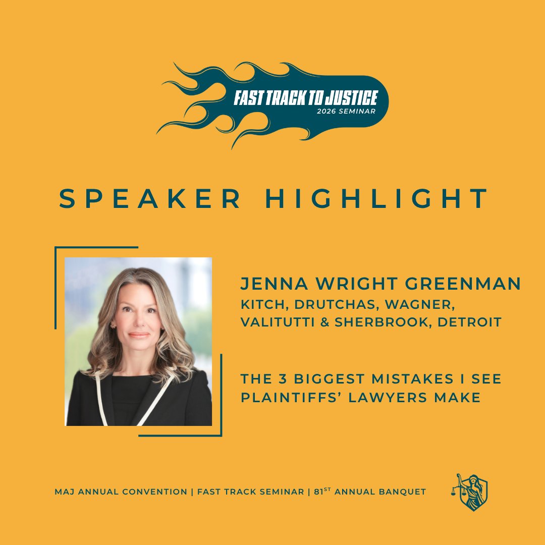 MI_Justice's tweet photo. Learn about common mistakes plaintiffs' attorneys make, according to opposing counsel. Attorney Jenna Wright Greenman will cover this important topic during our Fast Track to Justice Seminar this Friday, May 8th in Detroit. Register today at https://t.co/MP6wfNgKSQ. https://t.co/Ie3Nj9JWRw