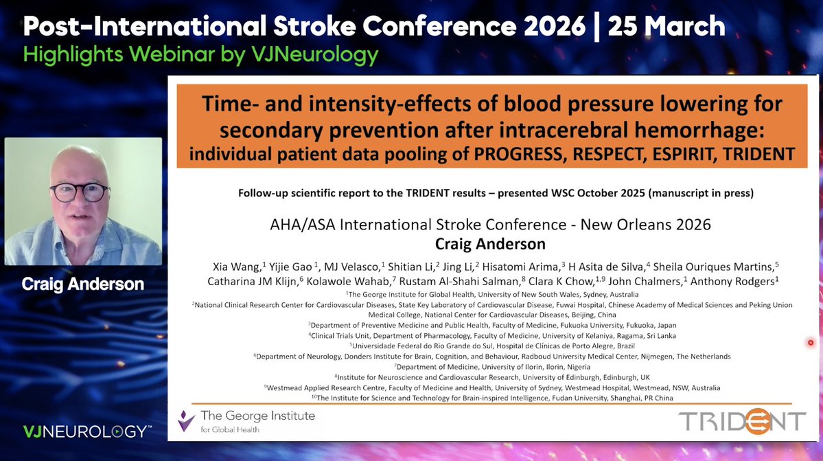 VJNeurology's tweet image. Want to learn more about Time effects of long-term BP lowering after intracerebral hemorrhage? 🧠  💻  Explore our Post-International #Stroke Conference 2026 Highlights below 👇 

Hear from Craig Anderson on Time effects of long-term BP lowering after intracerebral hemorrhage: