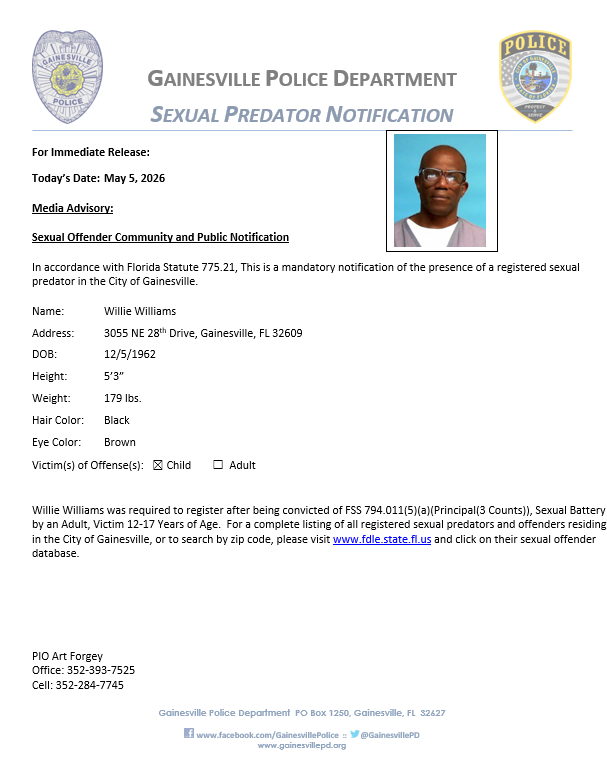 GainesvillePD's tweet photo. Please see the sexual predator notification in Gainesville for registered sexual predator Willie Williams. For a complete listing of all registered sexual predators and offenders residing in Gainesville visit https://t.co/QCjv1m92SD https://t.co/Y1vMDPvfzG