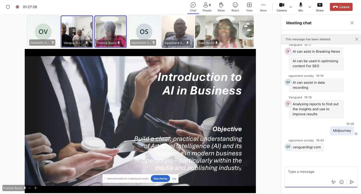 Chesca11's tweet photo. @vanguardngrnews Chesca Global Solutions begins training Vanguard Newspapers staff on Microsoft Certified: AI Business Professional (AB-730).
Empowering media professionals with AI skills for the future of journalism &amp; business. 🚀
#AI #MicrosoftCertified #AB730 @Chescaglobal https://t.co/DltFM2LJdF