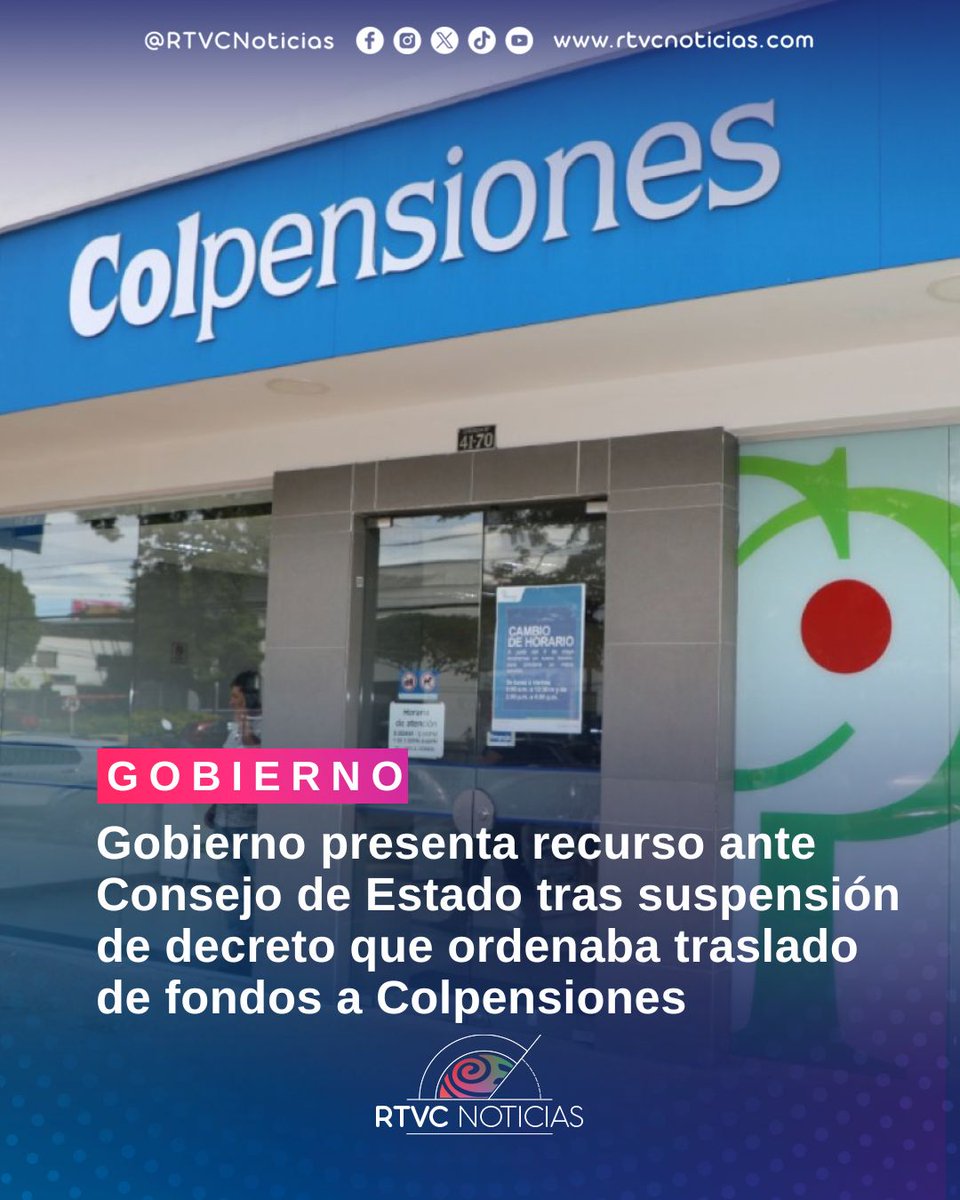 RTVCnoticias's tweet image. #Gobierno | El Gobierno Nacional presentó un recurso ante el Consejo de Estado tras la suspensión del decreto que ordenaba el traslado de fondos hacia Colpensiones ⚖️.

El Ejecutivo advirtió que la decisión podría afectar el equilibrio y la sostenibilidad del sistema pensional,