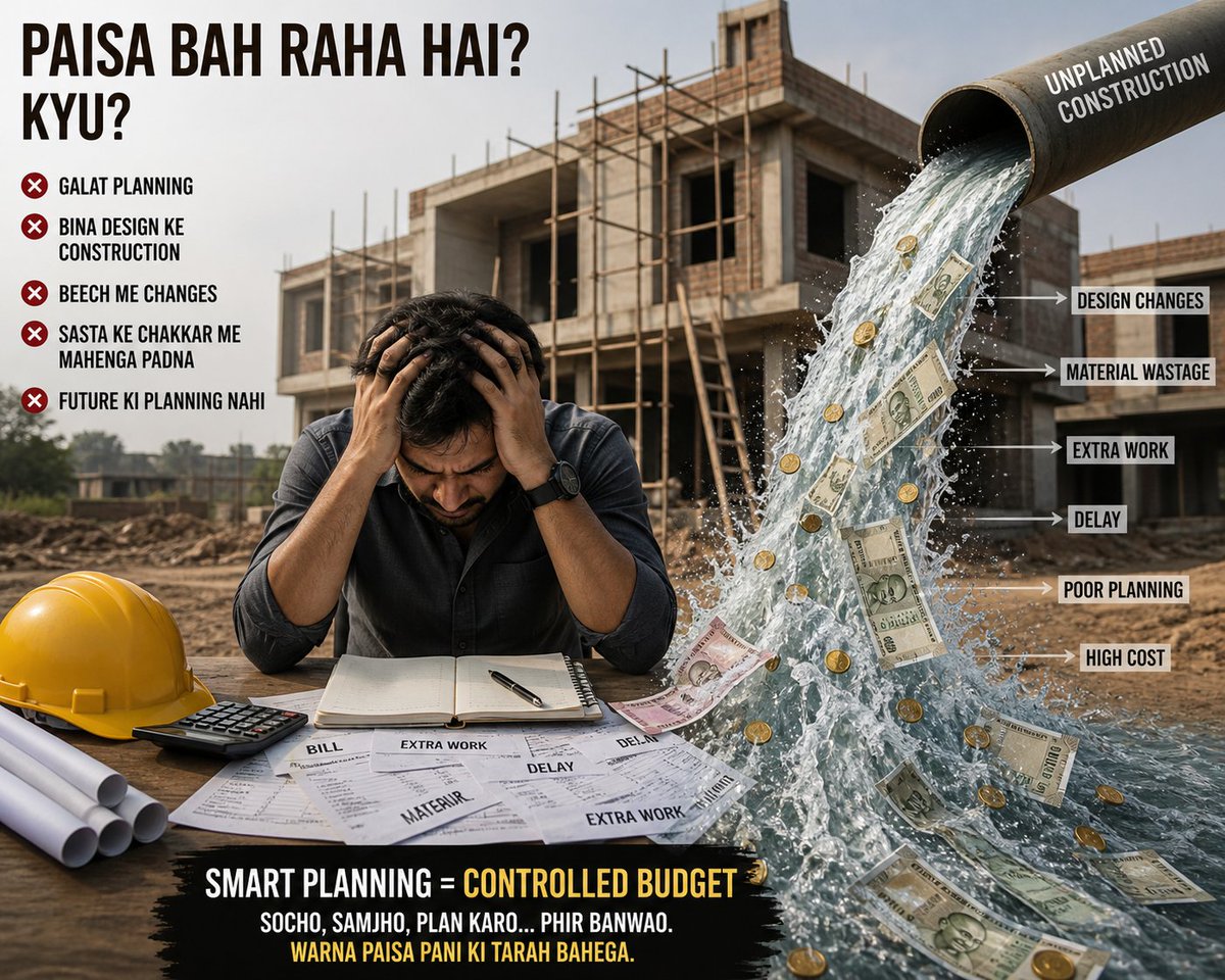Architect_aslan's tweet photo. Ghar banate waqt cost control kaise karein ?
Aksar log bina planning ke start kar dete hain
ya free ki advice pe decisions lete rehte hain…
phir budget control mushkil ho jata hai.
Common problems: – Beech me changes → extra cost
– Material wastage
– Free advice → confusion
– Poor planning → future issues
Better approach:  Pehle design finalize karo
1. Budget clear rakho
2. Har step plan karo
3. Future ka soch ke banao
Architect ka role: – Space planning better karta hai
– Cost ka idea deta hai
– Changes aur wastage kam karta hai
Conclusion:
Free advice se nahi, planning se ghar cost-controlled banta hai.
#construction #savemoney #home #architect
