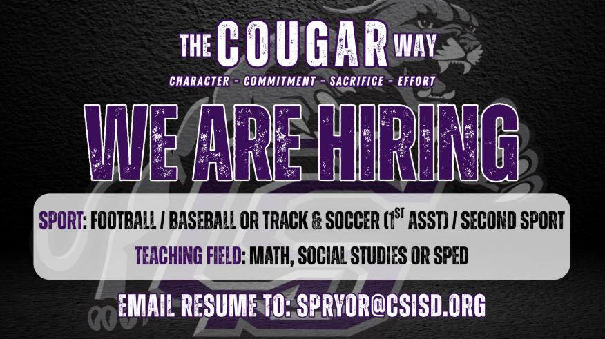 CoachDeBerry12's tweet photo. Updated teaching fields and positions!  Come be a part of a championship culture and tradition at CSHS.  #TPP @TheCougarWay @CSISDAthletics https://t.co/oG94fVfPun