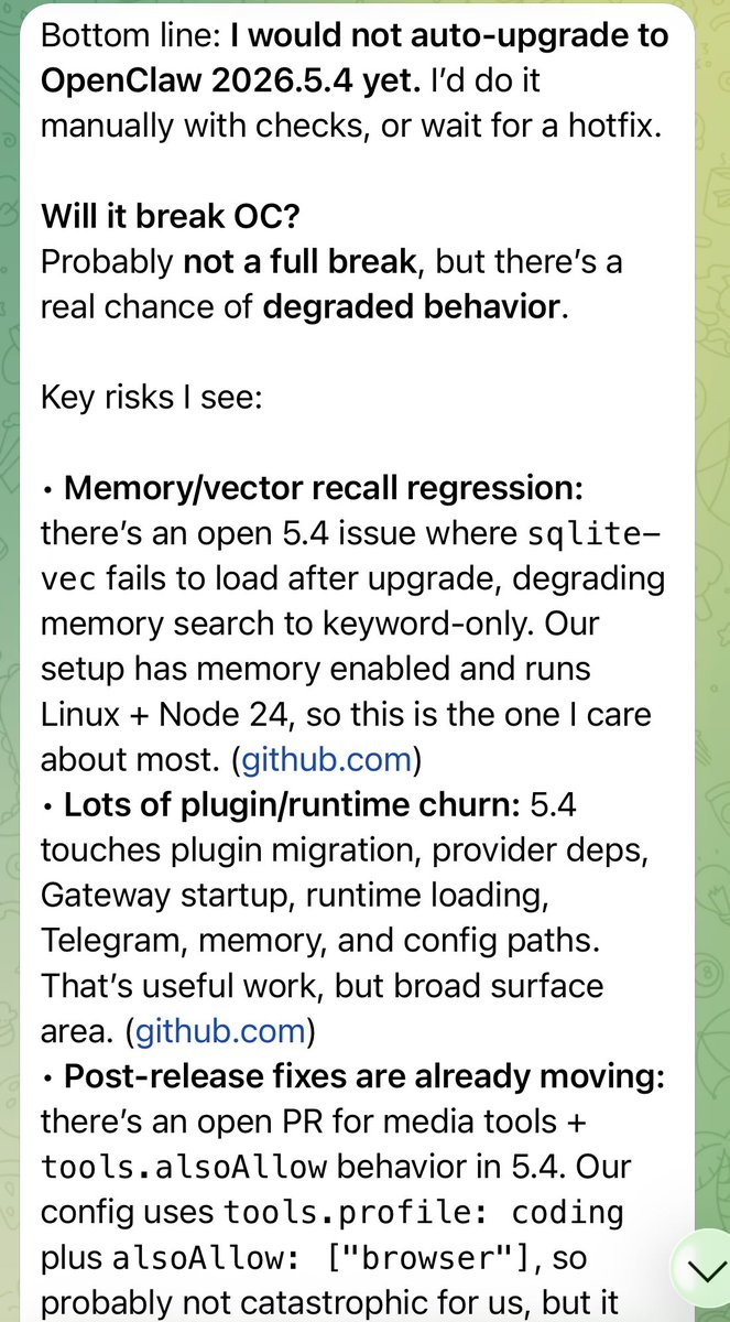 fishmanaf's tweet photo. So what do you do when your own OpenClaw instance recommends not upgrading? I implemented this check after the 4.29 mess. @steipete https://t.co/XAtus35CgF