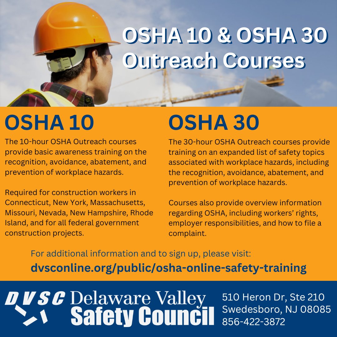 DvscAdmn's tweet image. OSHA 10 &amp;amp; OSHA 30 Outreach Courses

For info and to sign up, visit:
dvsconline.org/public/osha-on…

Delaware Valley Safety Council

#SafetyFirst