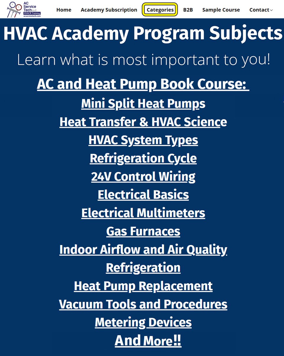 acservicetech's tweet photo. We added a NEW Categories Page to our HVAC Academy at https://t.co/OiC5daBN2V
Pick from the many subjects on our categories page to learn more about HVAC! If you are a member, you can click on any subject, and it will show you all the associated courses &amp; your current progress! https://t.co/tavn3irPJF