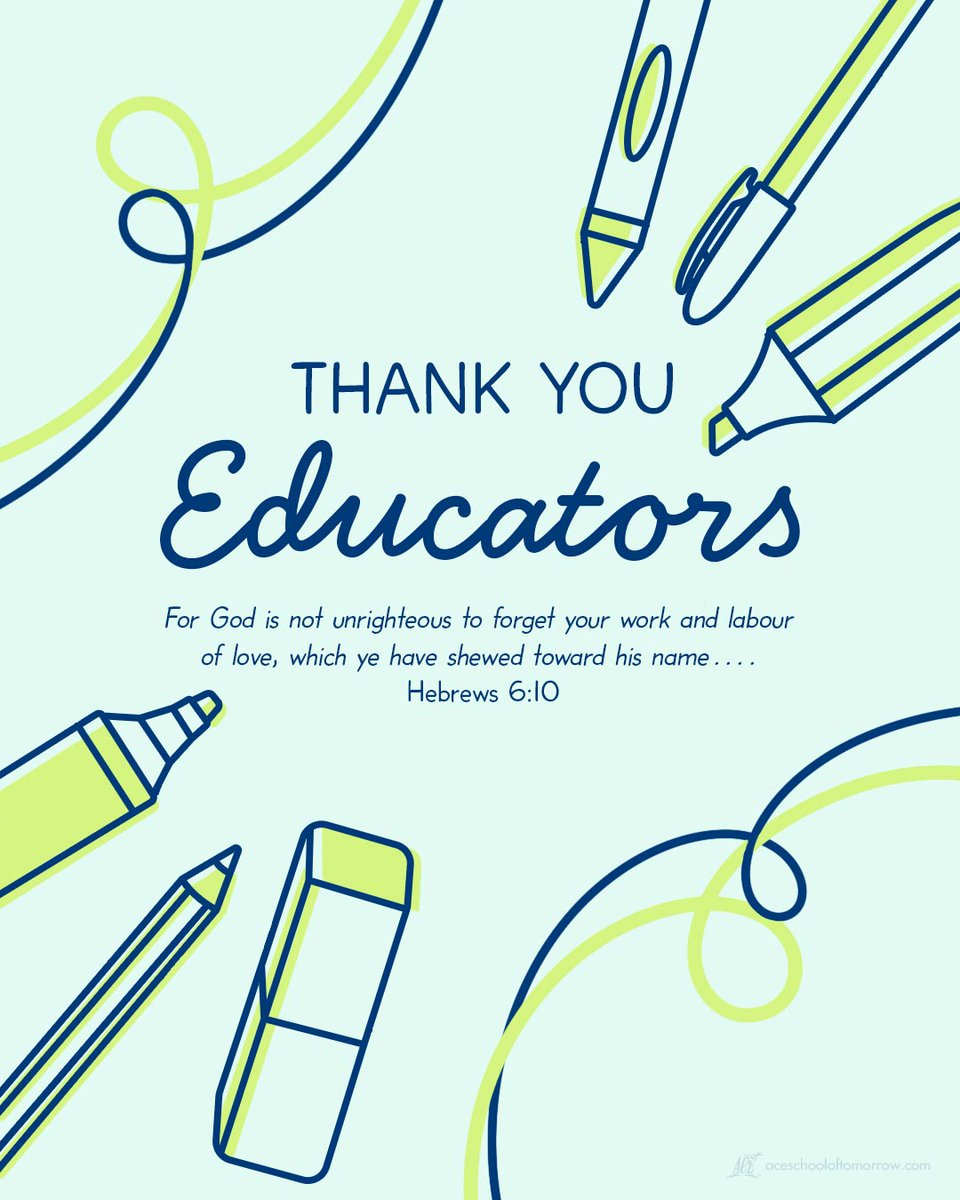 acecurriculum's tweet photo. Happy Educators’ Appreciation Day! Thank you for faithfully serving the Lord in Christian education. You have a special hands-on ministry to the young people He has placed in your care. https://t.co/8pbkba4epa