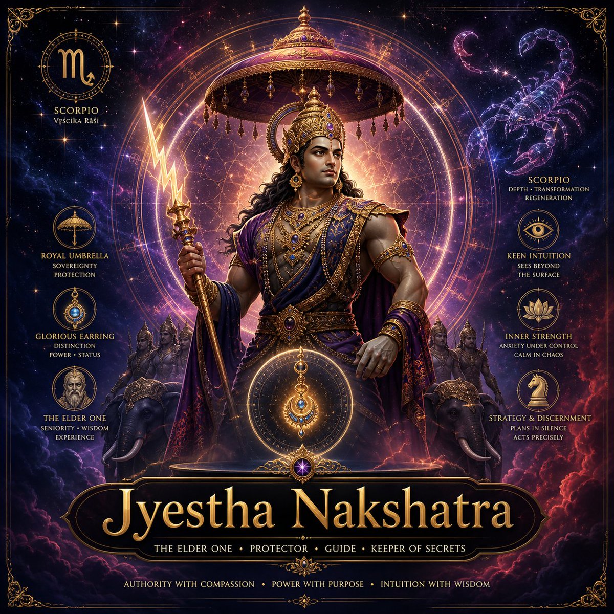 tharejaarun's tweet image. #Astrology: #Jyeshta Nakshatra — The #Elder, The #Protector, The #Strategist
Jyeshta means “the eldest,” “the senior-most,” “the one who has priority.”
This nakshatra falls completely in #Scorpio 16°40′ to 30°00′, ruled by #Mercury, and its deity is Indra, the king of the devas.