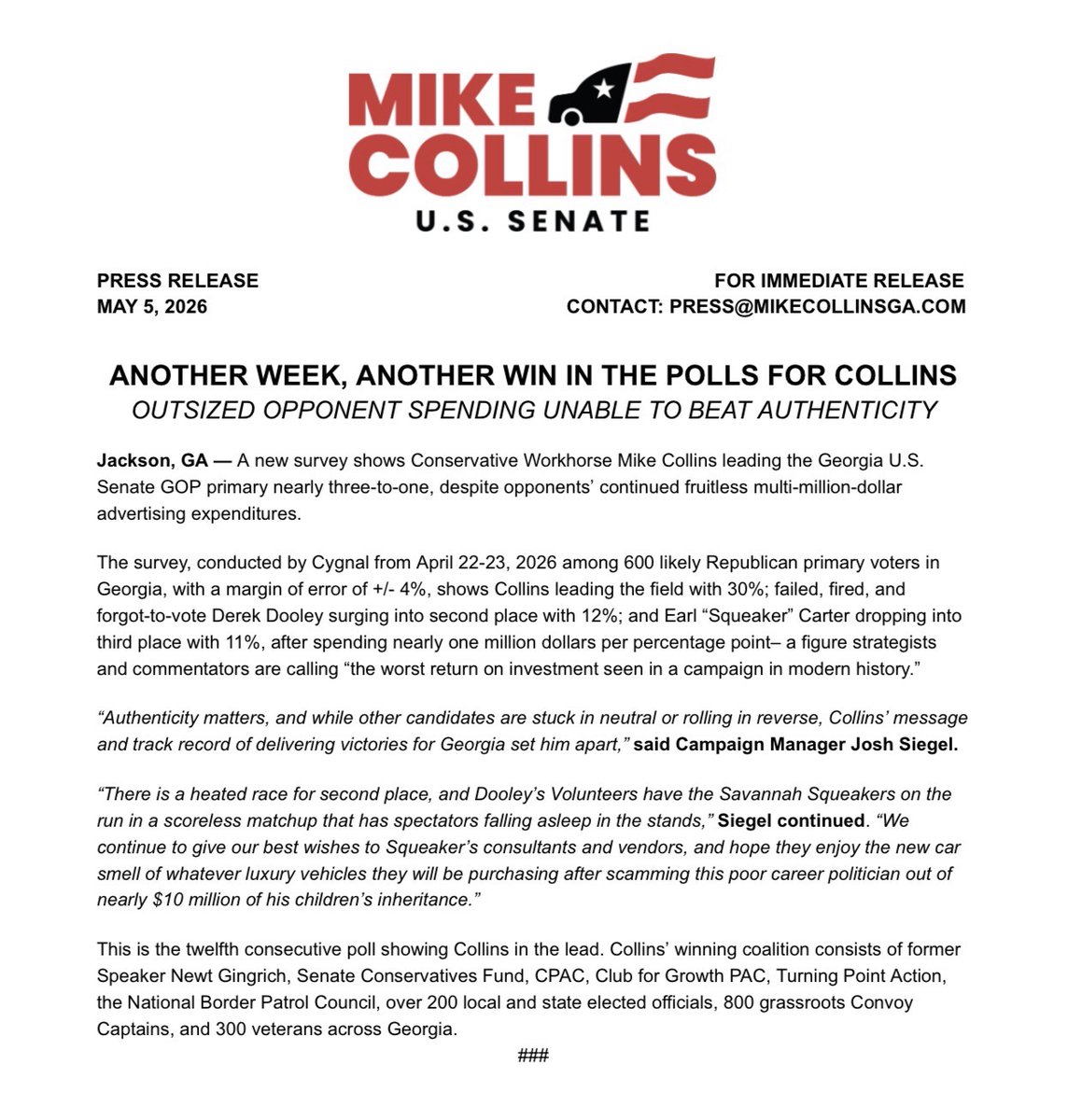 Team Mike Collins Press 🇺🇸 tweet media