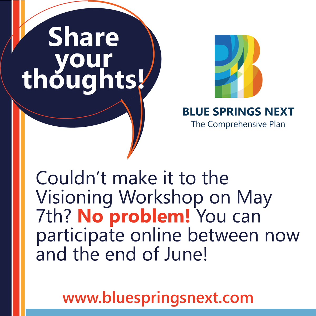 BlueSpringsGov's tweet photo. Share your thoughts! If you weren’t able to make it to the Visioning Workshop on May 7, no problem! You can participate online between now and the end of June at https://t.co/6MO1ZPap5w. https://t.co/D6ZEUp1Zn5