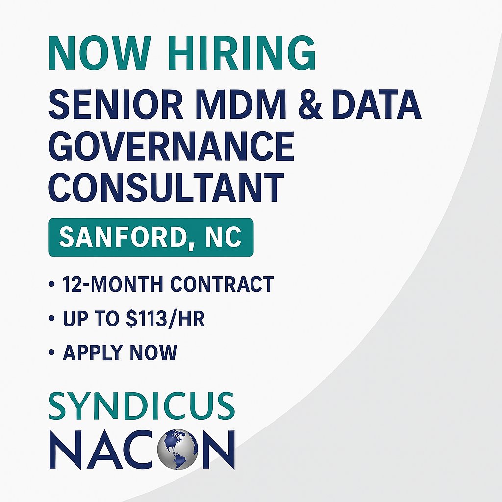 Now hiring: Senior MDM &amp; Data Governance Consultant Life Sciences | GxP
📍 Sanford, NC
⏳ 12‑month contract
💰 Up to $113/hr
Lead master data governance for a regulated manufacturing site
👉 syndicusinc.com/careers/#/jobs…
#MDM #DataGovernance #LifeSciencesJobs #Consulting
