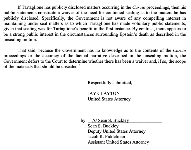 The Justice Department isn't blocking the release of Jeffrey Epstein's purported suicide note that made its way into the Nicholas Tartaglione case