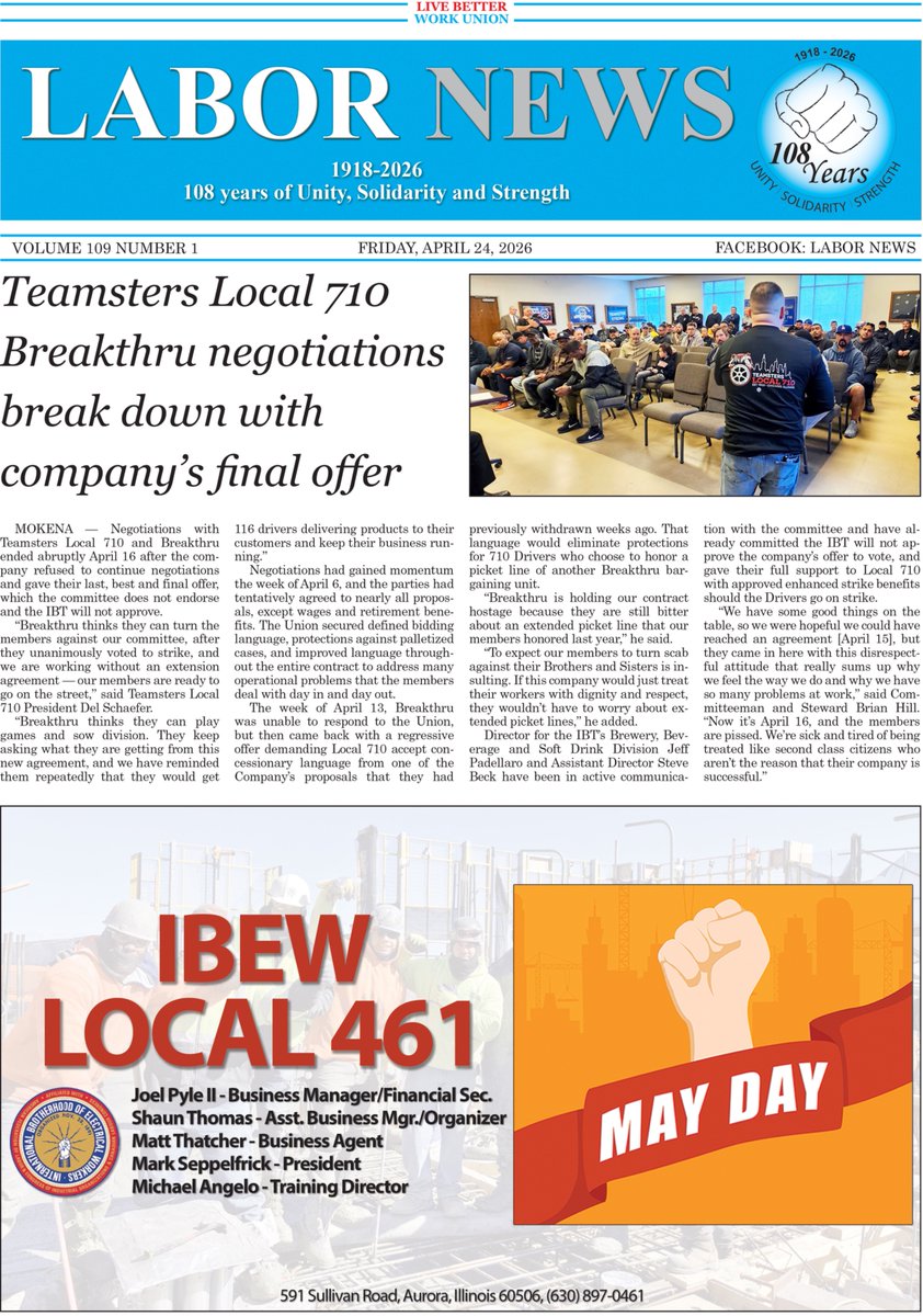 Labor_News's tweet image. Tensions rise in as @Teamsters710 members move to a potential strike against Breakthru Beverage Group. After negotiations ended April 16, company issued a “last, best &amp;amp; final” offer the Union committee does NOT support &amp;amp; IBT will not approve.
#UnionStrong #Teamsters #LaborNews