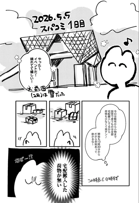 スパコミで宅配搬入した荷物がロスト仕掛けたレポマンです

最近のイベント開始を10:30にしようって決めたひと、天才だよ…… 