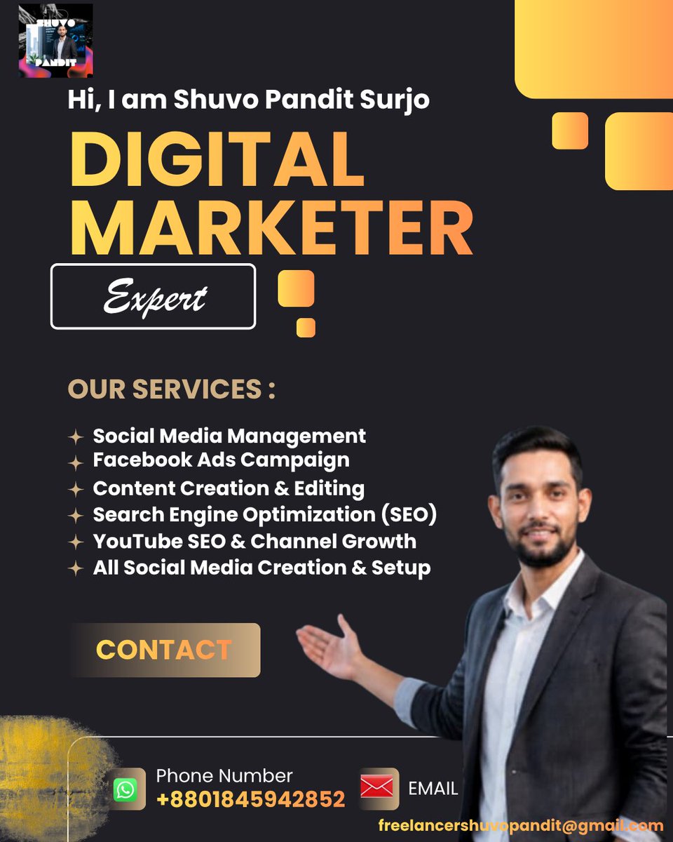 shuvopandit2551's tweet image. I am Shuvo Pandit Surjo, a professional Marketer &amp;amp; Content Creator.

✅ YouTube SEO ✅ Social Media Setup ✅ FB Ads
Let's scale together! 🏆
📞 WhatsApp: +8801845942852 📧 freelancershuvopandit@gmail.com

#DigitalMarketing #SEO #Freelancer