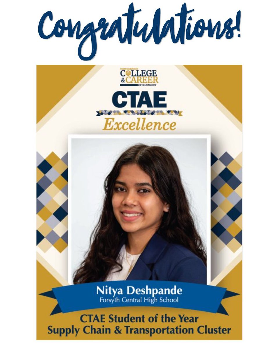 fcspathways's tweet photo. Congratulations to the Supply Chain &amp; Transportation Cluster High School Student of the Year from Forsyth Central HS! #fccollegecareer #forsythpathways https://t.co/O0vEY9s75n