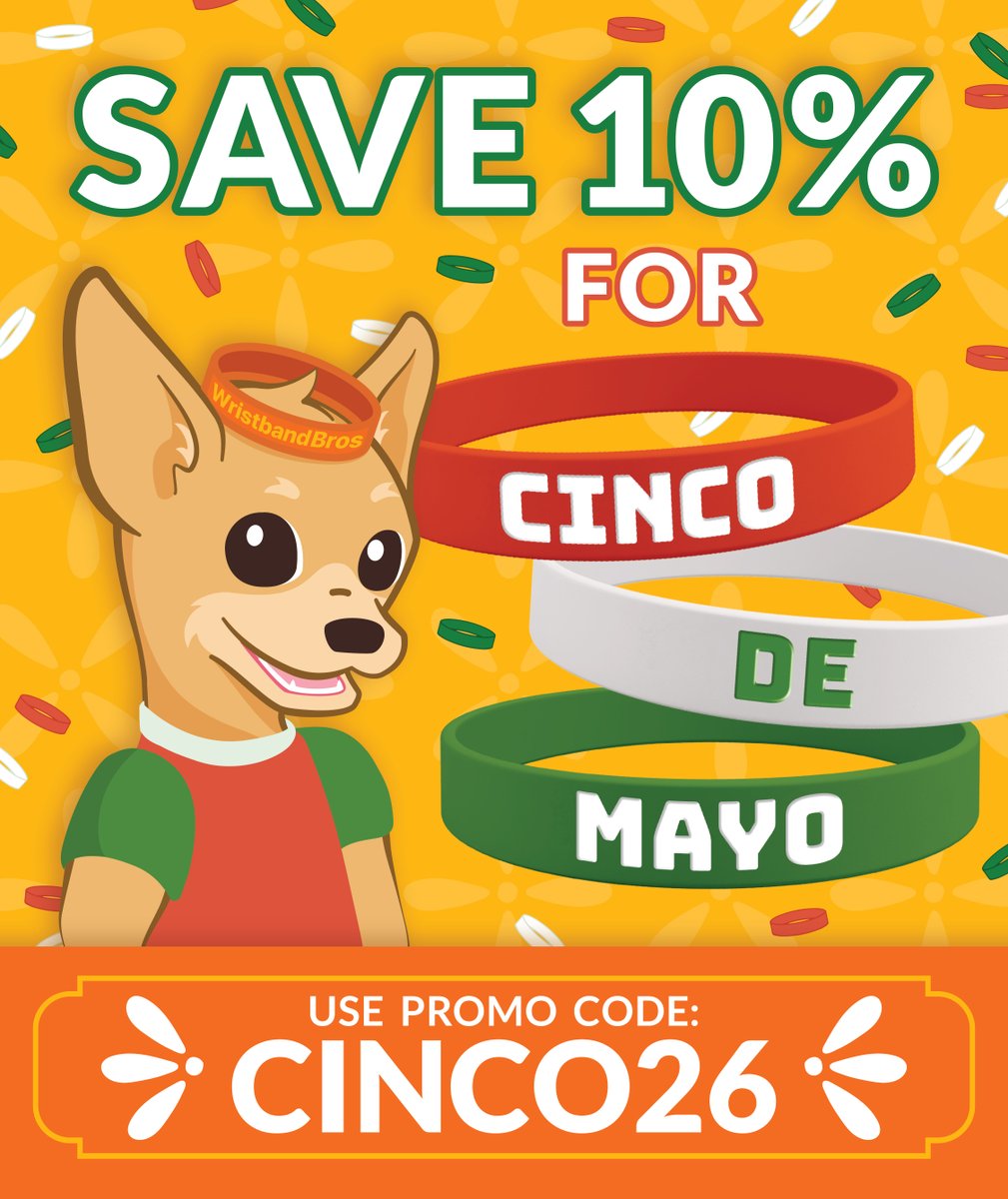 WristbandBros's tweet image. As you may know, today is Cinco de Mayo. A day with real history behind it and a reason for many to celebrate. However you’re spending it, we hope you enjoy! And if you happen need some cool custom products, use the code below to save 10% on us. #CincoDeMayo #sale #wristbands