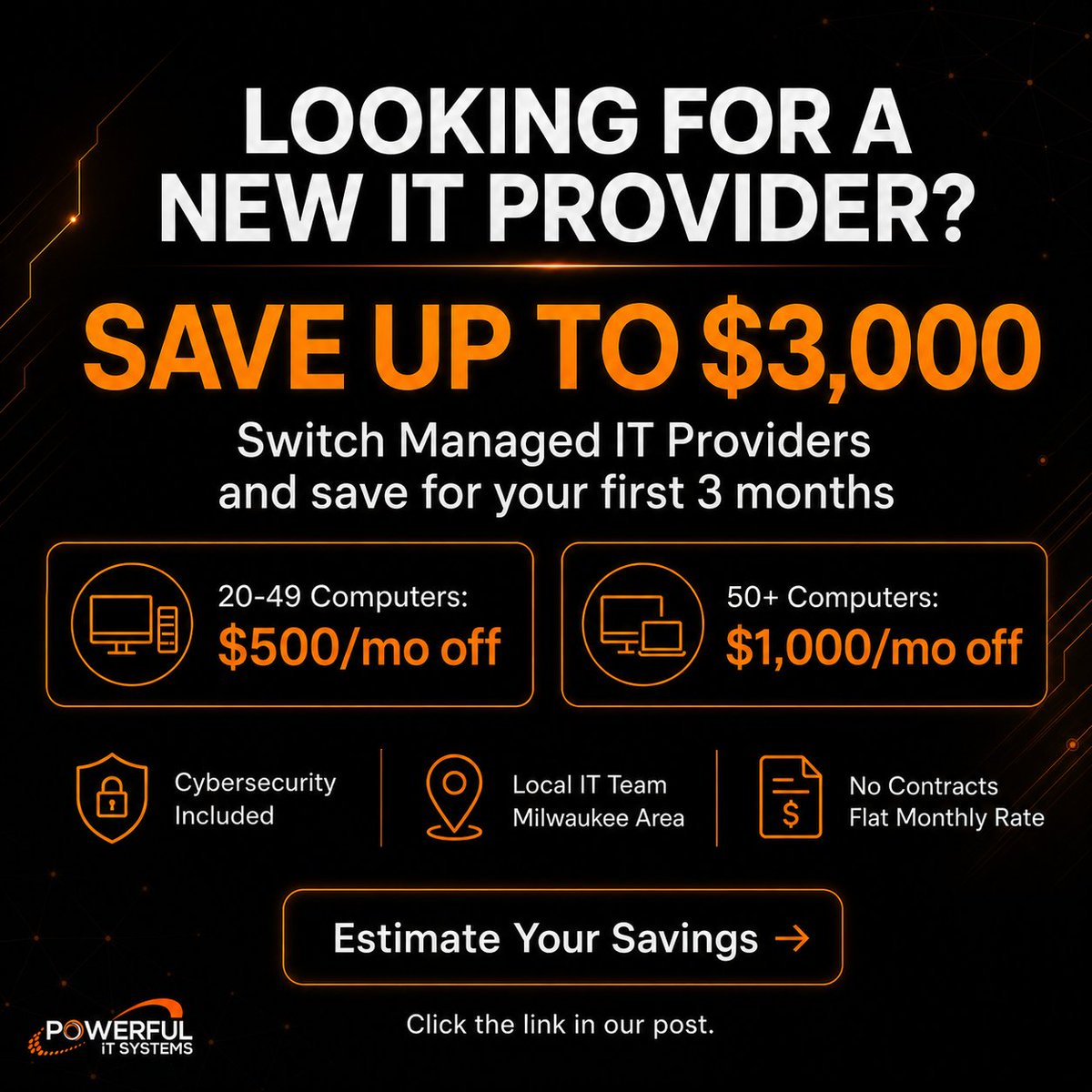 MKEITservices's tweet photo. Been quietly googling "how do you fire your IT company" lately?
We made it easier. New client offer:
🖥️ 20-49 PCs → $500/mo off 🖥️ 50+ PCs → $1,000/mo off
3 months. Up to $3,000 saved. Local Milwaukee team, real cybersecurity, no offshore tickets.
https://t.co/mGAxWDlcbF https://t.co/oN7r8emhKu