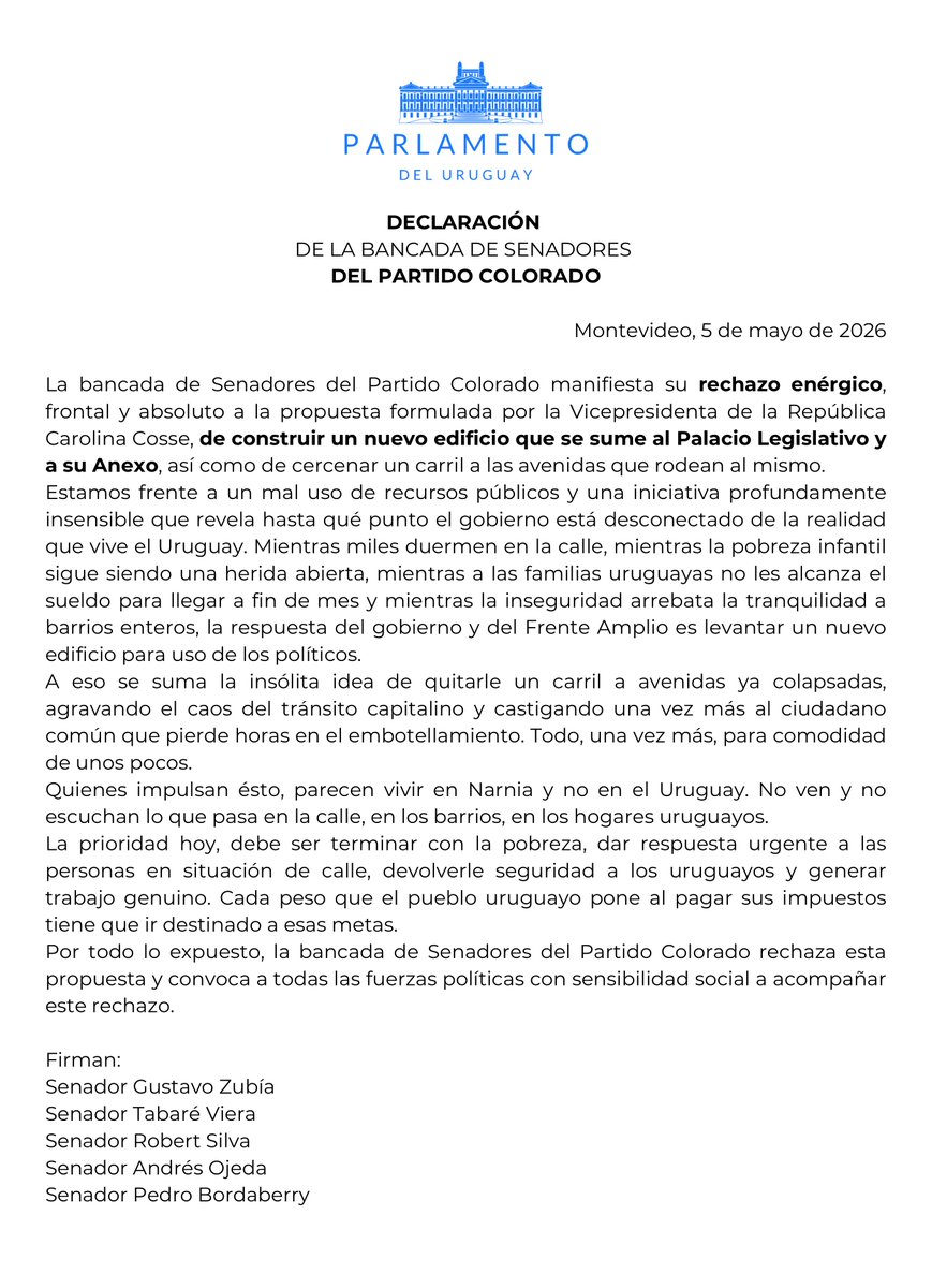 Tabareviera's tweet photo. La Bancada de Senadores del @PartidoColorado rechaza la propuesta de construir el nuevo edificio legislativo. Uruguay necesita prioridades claras, menos gasto político y más respuestas a pobreza, seguridad y empleo. https://t.co/OfrzAYiKqc