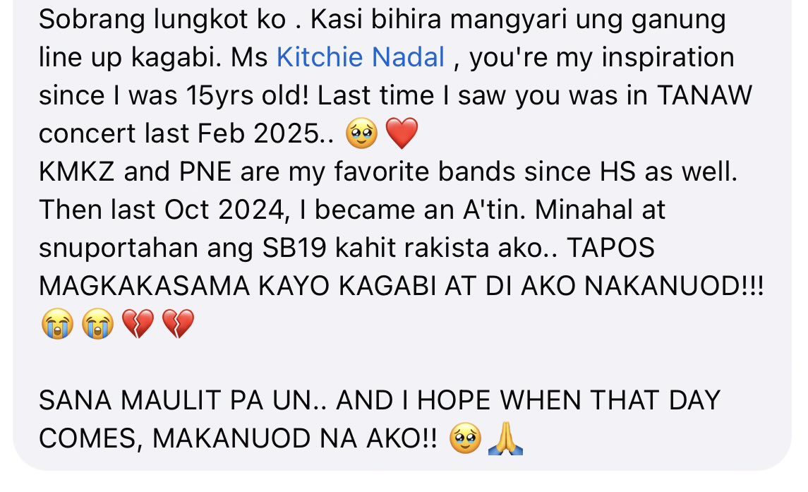 jb1eber_add1ct's tweet photo. Nabasa ko lang sa isang comment sa video ni Ms. Kitchie Nadal habang nanonood siya together with Sir Jay ng KMKZ and IVOS ng set ng SB19.. Nakakatuwa ang diverse talaga ng fans ng boys natin, ‘no? What do you mean rakista sya na naging fan?! 😭😭😭

TAPOS SASABIHIN NYO ‘DI SILA MAHAL NG MASA?! I THINK SA FARAWAY KAYO HAHAHAHAHAHAH

Pero legit ang solid ng line up ng Day 2 ng Aurora Music Fest🔥

#SB19 @SB19Official