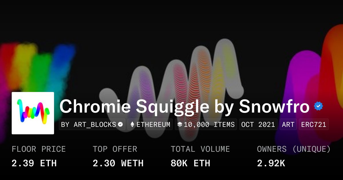 DecryptoArt's tweet photo. 《Chromie Squiggle》

《Chromie Squiggle》是那种最容易被低估的作品：一条线，看起来过于简单，仿佛只是链上生成艺术的测试文件。但正是这种几乎幼稚的简洁，使它成为 Art Blocks 时代最关键的起点之一。它用最少的视觉元素证明，一套参数系统本身就足以构成作品、收藏逻辑和文化符号。

技法上，Squiggle 的重点不在复杂度，而在可变性。线条粗细、色谱、分段、流动方向和动态节奏的有限调整，足以生成稳定而可识别的差异。这里的形式策略很接近极简主义：不是通过堆叠内容取胜，而是通过精确控制少量变量，让结构本身成为审美对象。

从艺术史上说，它连接了光色绘画、系统艺术与数字签名式的作者痕迹。Squiggle 既像一段手势残留，也像一条由代码不断复写的机器笔触，处在“作者表达”与“算法执行”的边界上。这使它成为一种非常纯粹的链上艺术范式：不是再现对象，而是展示生成机制。

理性评价上，Squiggle 的单件视觉复杂度有限，但它作为平台元作品的意义极大。它奠定了 Art Blocks 的想象空间，也说明了为什么链上生成艺术并不依赖壮观图像，而依赖规则、变体和可验证生成之间的关系。

Chromie Squiggle is the kind of work that is easy to underestimate: a single line, apparently too simple, almost like a test file for on-chain generative art. Yet that near-childlike simplicity is precisely what makes it one of the most important starting points of the Art Blocks era. It proves that a parameter system alone can sustain an artwork, a collecting logic, and a cultural symbol.

Technically, the emphasis is not complexity but variability. Limited adjustments to thickness, spectrum, segmentation, direction, and motion are enough to produce stable yet recognizable difference. Its formal strategy is close to minimalism: rather than winning through content accumulation, it makes a small set of controlled variables into the aesthetic event.

Art-historically, the work links color-field sensibility, systems art, and signature-like traces of authorship. The squiggle is both a residual gesture and a machine-written mark, positioned at the boundary between personal expression and algorithmic execution. That makes it a particularly pure paradigm of on-chain art: it does not represent an object, but demonstrates a generative mechanism.

Its single pieces may have limited visual complexity, but its significance as a platform-defining meta-work is enormous. It helped establish the imaginative space of Art Blocks and clarified that on-chain generative art depends less on spectacle than on the relation between rules, variation, and verifiable production.