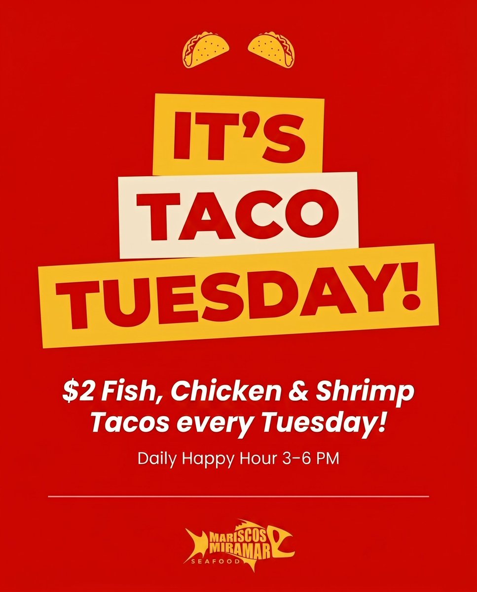 MariscosMVP's tweet photo. You already know what Tuesday means. 🌮🔥 $2 Fish, Chicken &amp; Shrimp Tacos all day — fresh, flavorful, and only at Mariscos Miramar. Grab a few and make it a Happy Hour while you're at it. 😤
Daily Happy Hour 3–6 PM

📍 31 W North Ave, Villa Park, IL 
📞 (630) 359-3416 https://t.co/GCSlGgMzLT