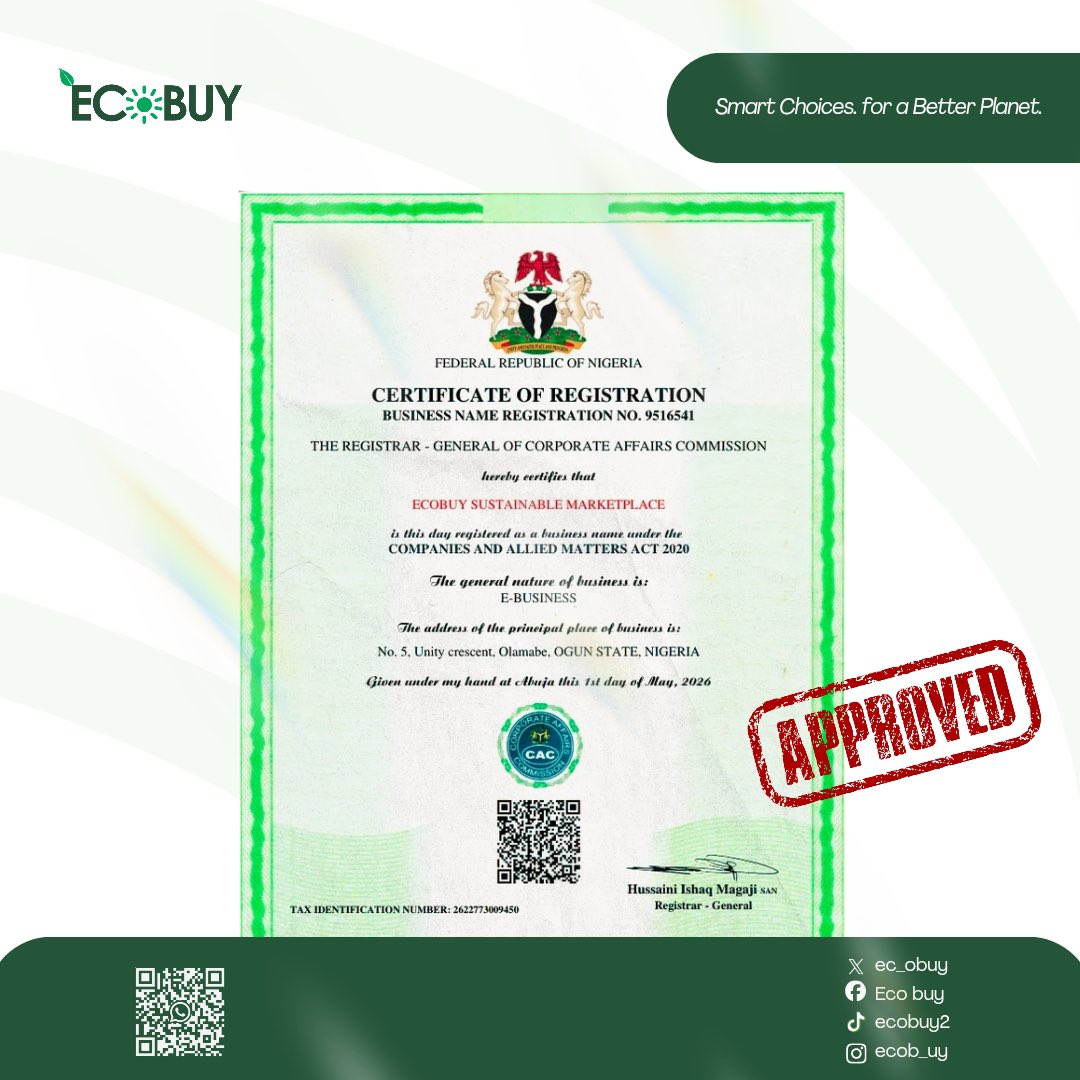 ec_obuy's tweet photo. EcoBuy is now officially registered and approved.

A major step forward in building a smarter, more sustainable marketplace.
Fully committed to redefining how we shop. Smarter choices for a better planet. 🌍🌱

This is just the beginning.

#ecobuy #smartchoices #sustainability https://t.co/mhAYm2CKg2