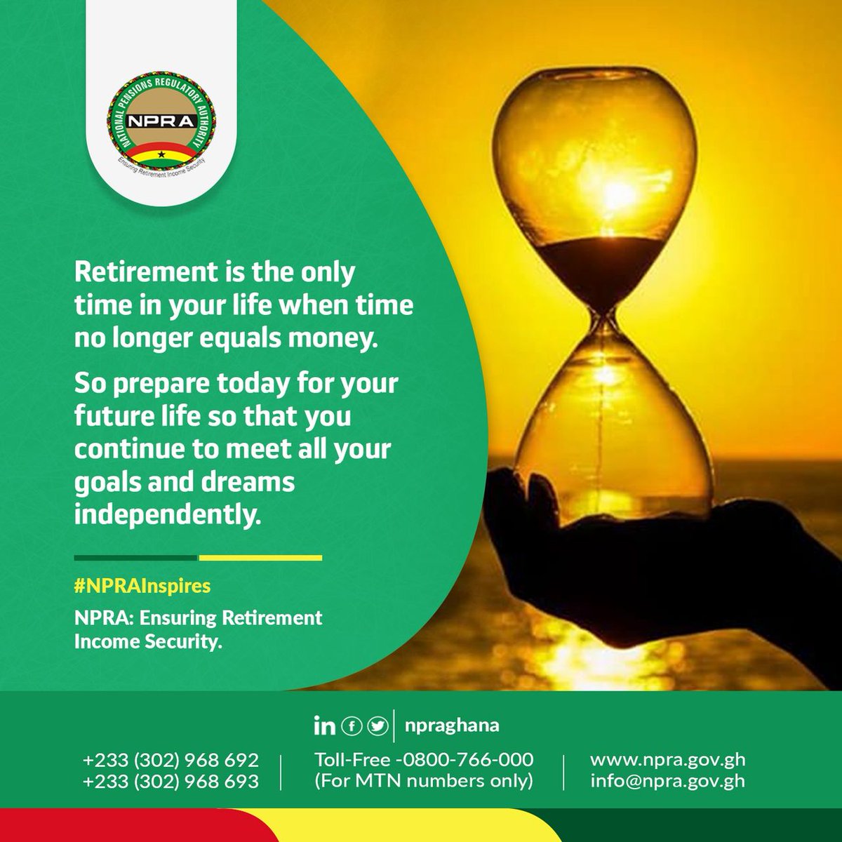 boadi_chris's tweet photo. Time is your greatest retirement asset. Start planning early, stay consistent, and your future self will thank you. 
The best time to begin is now!

#NPRAInspires https://t.co/2xKdNL1kVN