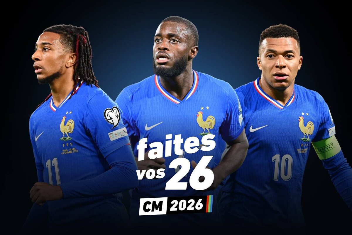 lequipe's tweet photo. Faites votre liste de l'équipe de France pour la Coupe du monde 2026 ! 🇫🇷

Mettez-vous dans la peau de Didier Deschamps et choisissez vos 26 Bleus pour le tournoi en Amérique du Nord.

Pour choisir votre groupe ➡️ https://t.co/UGFy6HVdF9 https://t.co/I7xoPL59cn