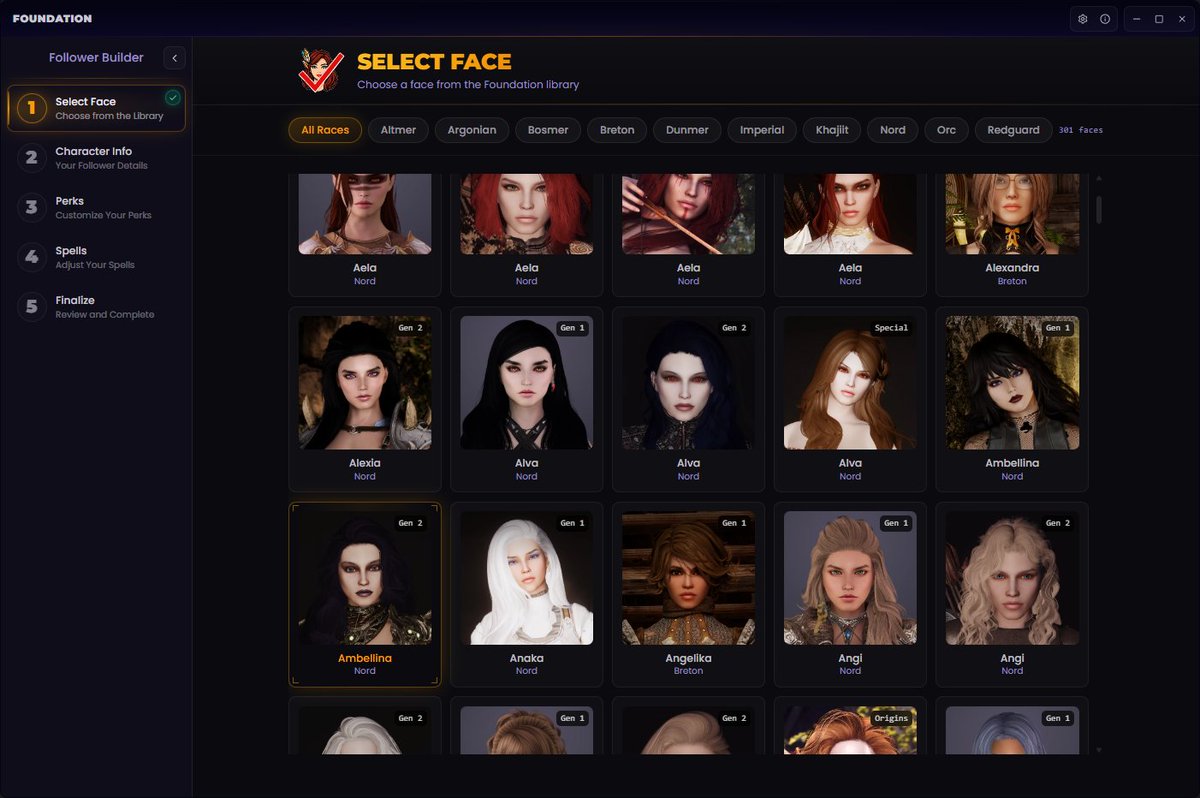 GGModsOfficial's tweet photo. Say goodbye to the days of spending hours in the Creation Kit to build a follower.

Foundation - Follower builder lets you pick from 301 hand-crafted faces to create your own custom follower. Pick out their class, perks, spells and export a ready-to-go follower mod in minutes in this easy to use program. 

Download it exclusively on GGMods! 🧙