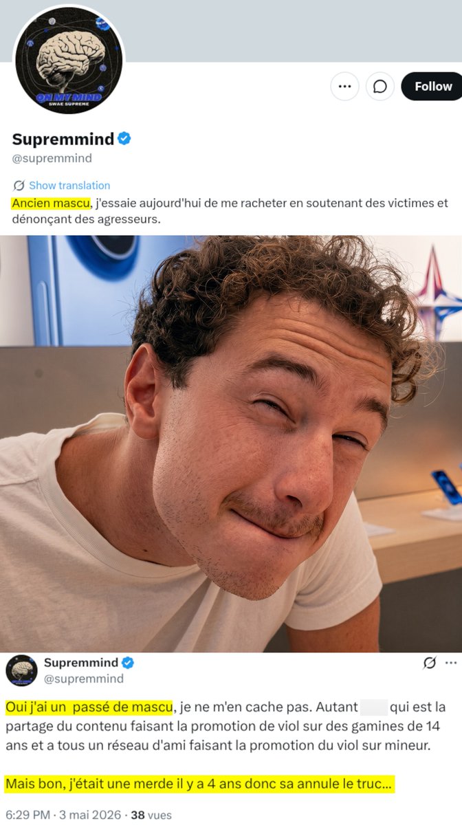 Philippefavre's tweet photo. #aujourdhuisupremmind a modifié sa bio suite à la capture d'écran qui a fuité, celle que j'avais partagée en privé, qui devait sortir ces prochains jours. Et il y en a d'autres, que je compte bien partager.

Sa défense ? Assumer à demi-mot : « Oui, j'ai un passé de mascu, je ne m'en cache pas. Mais bon, j'étais une merde il y a 4 ans, donc ça annule le truc [...] ». Précisons au passage que ce fameux « truc » n'est autre qu'une accusation gravissime et totalement infondée, brandie dans une pure logique d'inversion accusatoire contre une femme qui avait l'audace de le signaler.
https://t.co/77fYRTserz

Rien ne s'annule. Et surtout, peu importe ce que font ou disent les femmes qu'il cible, rien ne justifie de les insulter, de les ridiculiser ou d'appeler des personnes à s'en prendre à elles. Le fait qu'une femme ait des opinions différentes ou qu'elle commette elle-même des fautes ne lui donne aucun droit de la traiter de « garce », de « grosse dinde », de « cinglée » ou de « merde ». Plusieurs des femmes à qui il s'en est pris, et qui ne sont pas toutes mentionnées dans ce post, ont d'ailleurs porté plainte contre lui, ce qui en dit long sur la réalité de ce qu'elles ont subi depuis toutes ces années.

Prétendre que tout cela appartient au passé est un mensonge. Ces quatre dernières années, il n'a jamais cessé d'insulter des femmes, en voici la preuve :

Le 9 janvier 2023
« Écoute-moi bien, c'est pas toi, sale garce, qui va décider si j'ai le droit ou non de parler. [...] On va vous traiter comme les merdes que vous êtes. »
https://t.co/VWiEXHsUGI

Le 13 avril 2023
« Mettez-moi cette garce dans la sauce, svp. » (appel au raid explicite)
https://t.co/gh81Nuqt0a

Le 5 janvier 2024
« Tu devrais faire du théâtre. Demande des cours à Depardieu. Lui aussi il a besoin de l'aide d'une grosse dinde prête à tout pour défendre des violeurs et agresseurs [...] »
https://t.co/XUm9j4Q08x

Le 24 mars 2024
« Aucune personne saine d'esprit ne sort ce genre de truc. Cette femme a un problème. »
https://t.co/1t5CQMMLta

Le 16 mai 2024
« Admets que cette nana est complètement cinglée. »
https://t.co/EhnTVUtpqn

Le 20 nov. 2024
« Je vous jure, une vie passée à harceler des gens [...] Va te faire soigner. »
https://t.co/V048K7c87G

Le 3 mai 2025
« Misandry, c'est une personne avec de gros problèmes psychologiques. »
https://t.co/5NliFSDlev

Le 5 juin 2025
« La Chloé qui dit être sous Prozac car j'ai dénoncé le harcèlement [...] c'était pas si grave. »
https://t.co/bAa8ameQHO

Le 5 sept. 2025
« Tu te dis sous Prozac, mais dis-leur quand ça aurait commencé ! »
https://t.co/QQwg8RyOyW

Son comportement n'a pas changé.

Et puisqu'il était un gros masculiniste en 2022, au moment où une violeuse sort un faux témoignage via la chaîne d'un harceleur hyperviolent, aidé par d'autres harceleurs, il serait peut-être temps pour lui de remettre aussi cette crédulité en question, non ?

Faut-il d'ailleurs rappeler les messages accablants de cette femme, où l'on voit clairement son forcing ? C'est elle qui mettait une pression pour imposer des rapports sexuels en balayant tout consentement : « Prend des inatiative, surprend moi, ose me faire des choses qui te passe dans la tête même si c'est pas soft, montre moi que tu à envie de moi, attrape moi par surprise. » Elle insiste et culpabilise de façon agressive. « MERDE [...] T'as pas de libido ?! » Elle résume sa vision où le refus n'existe pas. « C'est simple. T'as envie. Tu fait. »

Une coercition permanente qui s'étendait bien au-delà de la sphère sexuelle. Pour obtenir ce qu'elle voulait, elle bafouait totalement ses limites et ses obligations professionnelles en le forçant avec insistance à abandonner son travail pour coucher ensemble. Elle déployait une pression psychologique terrifiante et usait d'un chantage affectif destructeur, appuyé par des menaces de suicide : « Donne moi une raison que je ne me tue pas. » « C'est ça le probléme Mickael en ce moment je fait la vaiselle tu vois et quand je nettoye le couteau je me dit qu'il faudrait probablement que je me le plante dans la gorge, comme ça plus d'histoire, plus de probléme [...] »

Elle spammait des messages en boucle pour le faire paniquer et le plier à sa volonté. « JE VEUX MOURRIR JE VEUX MOURRIR JE VEUX MOURRIR [...] »

Elle ajoutait un chantage culpabilisant à l'autodestruction. « Et je suis train de me boire une bouteille d'alcool en entier. »

À deux reprises, à un mois d'écart, elle lui envoie des dickpics avec piercing. Trois en tout. La première « Cadeau, pour que tu es mal (sic) ». La volonté de nuire et de s'amuser du résultat est clairement affichée. Cela constitue le partage d'une image intime non consensuelle de base. Puis, lorsqu'elle récidive un mois plus tard et qu'MJ lui demande d’arrêter  (« tu peut éviter de m'envoyer ce genre de truc ? »), elle se permet de le rabaisser en répondant « Petite pucelle » et demande simplement « Pourquoi ? ».

Et par la suite, après que MJ l'a enfin plaquée, cette même femme est allée inventer de toutes pièces qu'elle l'aurait quitté parce qu'il ne se laverait pas et serait « pro-feministe », « pro-SJW ». Une manœuvre calculée pour brosser dans le sens du poil les réacs qui harcelaient déjà MJ pour ses prises de position féministes. En leur apportant de l'eau à leur moulin, elle a considérablement aggravé et légitimé le harcèlement qu'il subissait.

En tant que mascu à l'époque, il ne pouvait pas voir ces red flags flagrants. Pas plus que Shizzle ou un autre harceleur. Ni concernant le faux témoignage, ni concernant Shizzle que Chloé a dénoncé comme toxique et problématique dès le début, ce qui lui a valu de se faire violemment harceler en retour.

Se souvient-il de la violence inouïe de ce harcèlement pour avoir osé dénoncer Shizzle ? Je parle aussi du moment où elle avait suspendu son jugement sur Jeanne et lui conseillait de prendre ses distances avec Shizzle, alors que Jeanne ne trouvait absolument rien à reprocher à ce dernier. Le harcèlement a pris une ampleur monstrueuse quand Jeanne a mis toutes ses forces pour la silencier, bien que tout ait commencé dès 2022.

En 2023, au moment de commencer à harceler cette lanceuse d'alerte, il était encore un mascu. Il l'a traquée pendant son parcours PMA, pendant sa grossesse, puis pendant son post-partum, alors qu'elle cochait presque tous les facteurs de risque de dépression. Le suicide reste pourtant la première cause de mortalité des femmes dans la première année de vie du bébé. Elle a fini sous Prozac. Elle a failli en finir et laisser un bébé sans maman. Il serait peut-être grand temps de prendre un vrai recul, non ?

Pour finir, je lui ai fait une demande d'ami sur Discord et mes messages privés lui sont ouverts, libre à lui d'accepter ma demande. Chloé me prie d'ajouter qu'elle est disposée à proposer un arrangement à l'amiable concernant les dommages et intérêts au civil qu'encourt Supremmind. Une procédure visant à réclamer également des réparations au nom de son fils nouveau-né, qui a directement souffert de ce harcèlement, est actuellement envisagée, ce dernier étant un nourrisson et donc particulièrement vulnérable.

cf. Chloé se genre au neutre avec le pronom « iel ». Le pronom « elle » est utilisé ici avec son accord, uniquement pour faciliter la lecture.