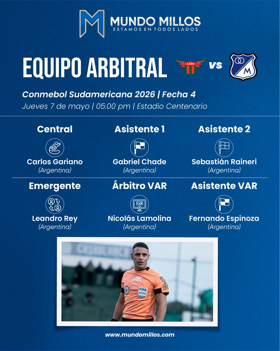 MundoMillos's tweet photo. #ÁRBITRO El argentino Carlos Gariano será el encargado de pitar el partido entre Boston River y Millonarios este jueves. Este será su primer partido en competencias de clubes a nivel Conmebol de su carrera.

Los detalles: https://t.co/7w3Nq4WLUs

#LaPreviaConMundoMillos https://t.co/5SYcmE2lkX