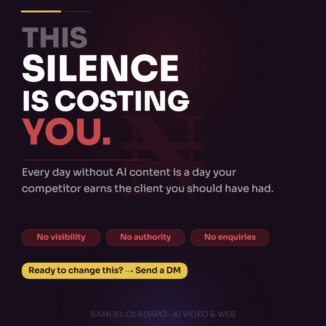 Samthereal79381's tweet photo. "Every day without content is a sale your competitor is closing."

#ContentMarketing #BusinessVisibility #StopLosingMoney #AIcontentNigeria #VideoMarketing #WebsiteNigeria #SocialMediaStrategy #NigeriaBusiness #ConsistentContent #BrandAuthority #DigitalPresenceNG #LeadGeneration https://t.co/6pkuzDj7zt