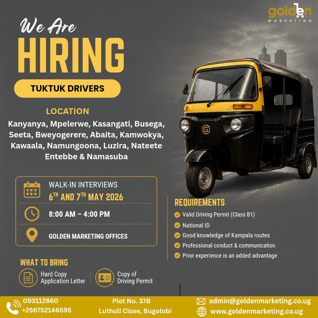 GoldenDigitalUG's tweet photo. We are hiring! Can you ride a tuktuk? 
We want you. Check poster for more details. 

#jobs #opportunity https://t.co/VWgTTLVN2M
