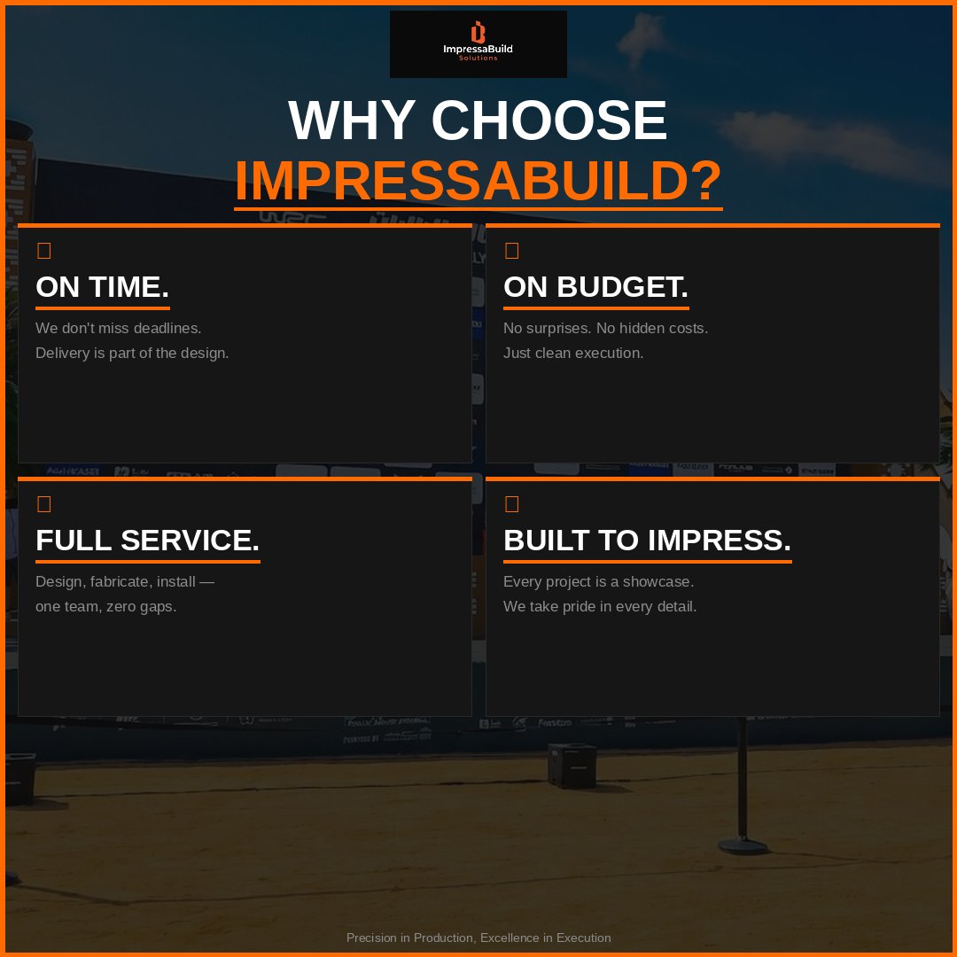 impressabuild's tweet photo. When it comes to exhibitions, events, and interior fit-outs — you deserve a team that delivers on every promise. 💪
At ImpressaBuild Solutions, we don't just build spaces. We build trust — one project at a time.
✦ On time. Every time. ✦ On budget. No surprises. ✦ Full service. One team. ✦ Built to impress. Always.
Precision in Production, Excellence in Execution.
#ImpressaBuild #WhyChooseUs #ExhibitionDesign #BoothDesign #EventProduction #FitOut #SaudiArabia #Jeddah #ReliablePartner #BuildWithConfidence #WeDeliver