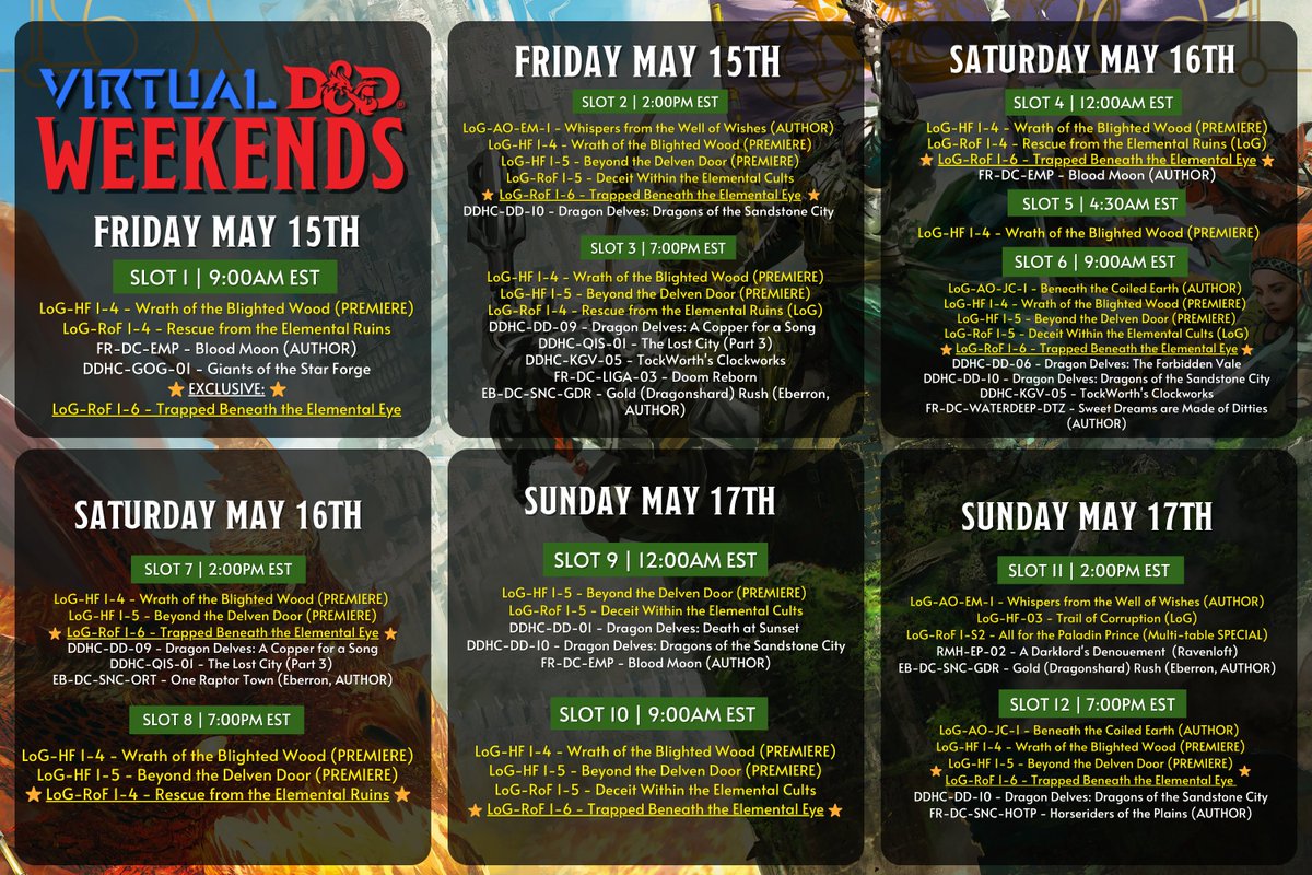 baldmangames's tweet photo. Join us for #VDDW this May! We've got #LegendsOfGreyhawk exclusive adventures, premieres, and author-only tables. Delve deep into the multi-verse: quests in Faerûn, Ravenloft, Eberron, and more await you this month, adventurer ⚔️ Sign up at https://t.co/gWHIAxptV0 https://t.co/jI72uHdD5b