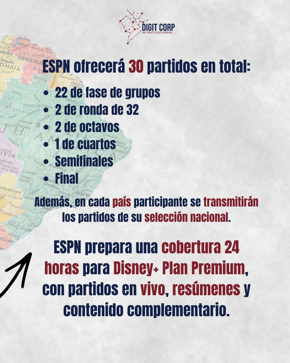 Digit_Corp's tweet photo. Disney+ y ESPN confirmaron una cobertura especial del Mundial 2026 para Argentina, Colombia, Ecuador, Uruguay, Chile, Perú y Venezuela.

#Mundial2026 #DisneyPlus #ESPN #Streaming #DigitCorp https://t.co/gnoiJaRdqG